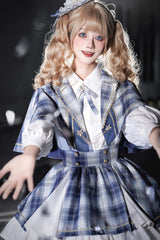 Blue [Little Starlight Idol] Lapel Collar Long Sleeves Double-Layered Printed Ruffled Bow Sweet Japanese Lolita Skirt Set - Product - 3