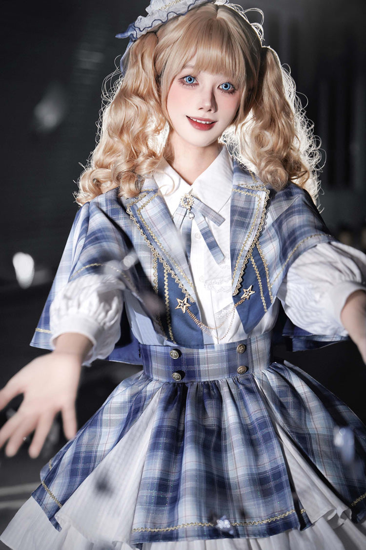Blue [Little Starlight Idol] Lapel Collar Long Sleeves Double-Layered Printed Ruffled Bow Sweet Japanese Lolita Skirt Set - Product - 3