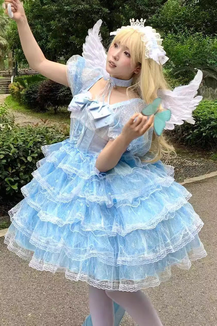 Blue Short Sleeves Multi-Layered Ruffle Hanayome Bowknot Lace Plus Size Sweet Lolita Dress - Product - 3