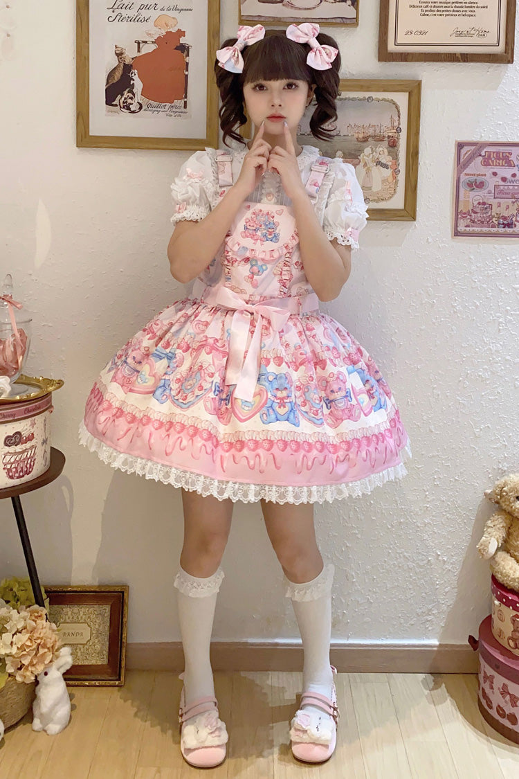 Milky Berry Bear Print Pink Bowknot Stitching Lace Sweet Lolita Strap Dress - Product - 9