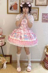 Milky Berry Bear Print Pink Bowknot Stitching Lace Sweet Lolita Strap Dress - Product - 9