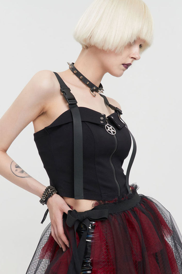 Black Punk Knitted Fabric Adjustable Suspenders Snaps Front Metal Zipper Women's Vest - Product - 2