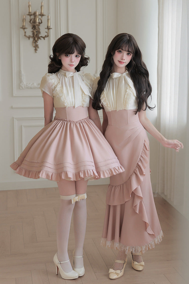 White/Pink Round Collar Short Sleeves Ruffled Bow Lace Color-Blocked Boned Sweet Lolita Dress 2 Versions - Product - 6