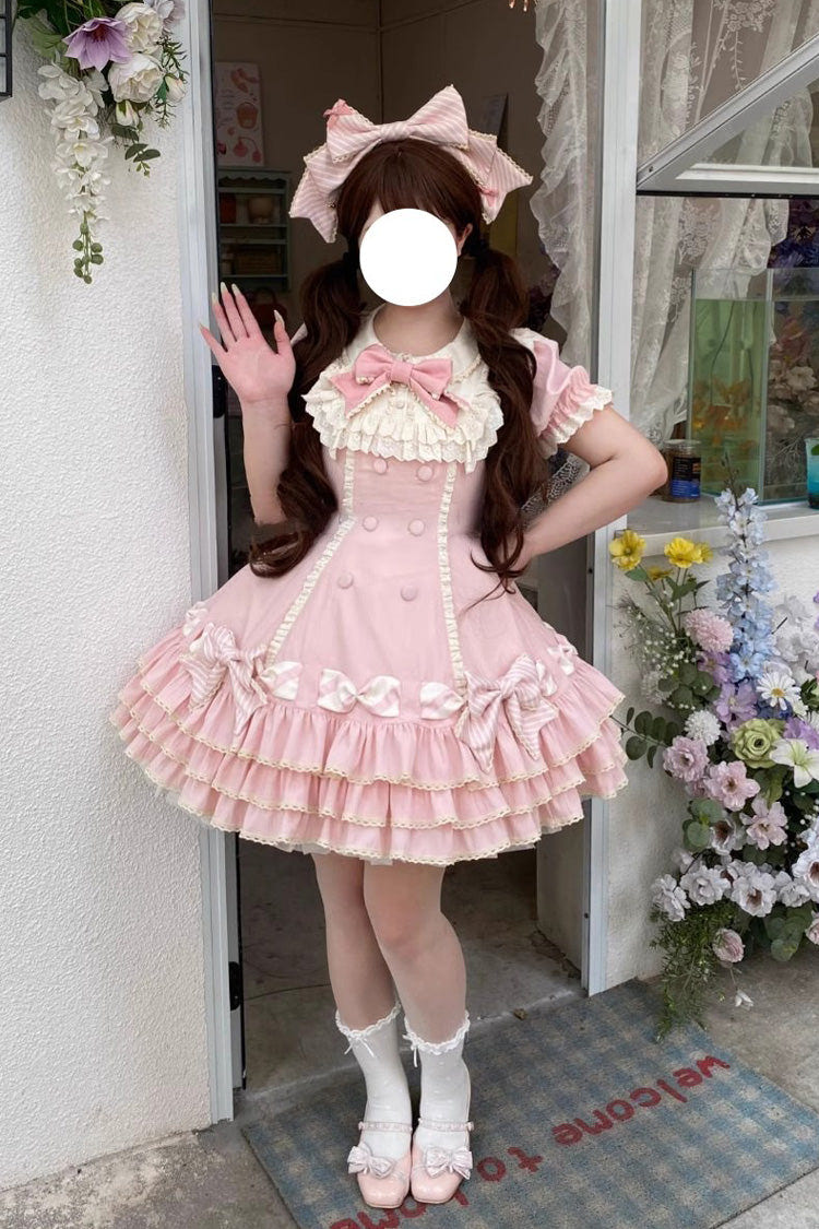 Pink [Striped Layered] Short Sleeves Multi-Layered Ruffle Bowknot Sweet Princess Lolita Tiered Dress - Pink - 1