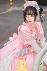 Pink Square Collar Print Doll Party Detachable Sleeves Ruffle Bowknot Sweet Princess Lolita Dress - Product - 9