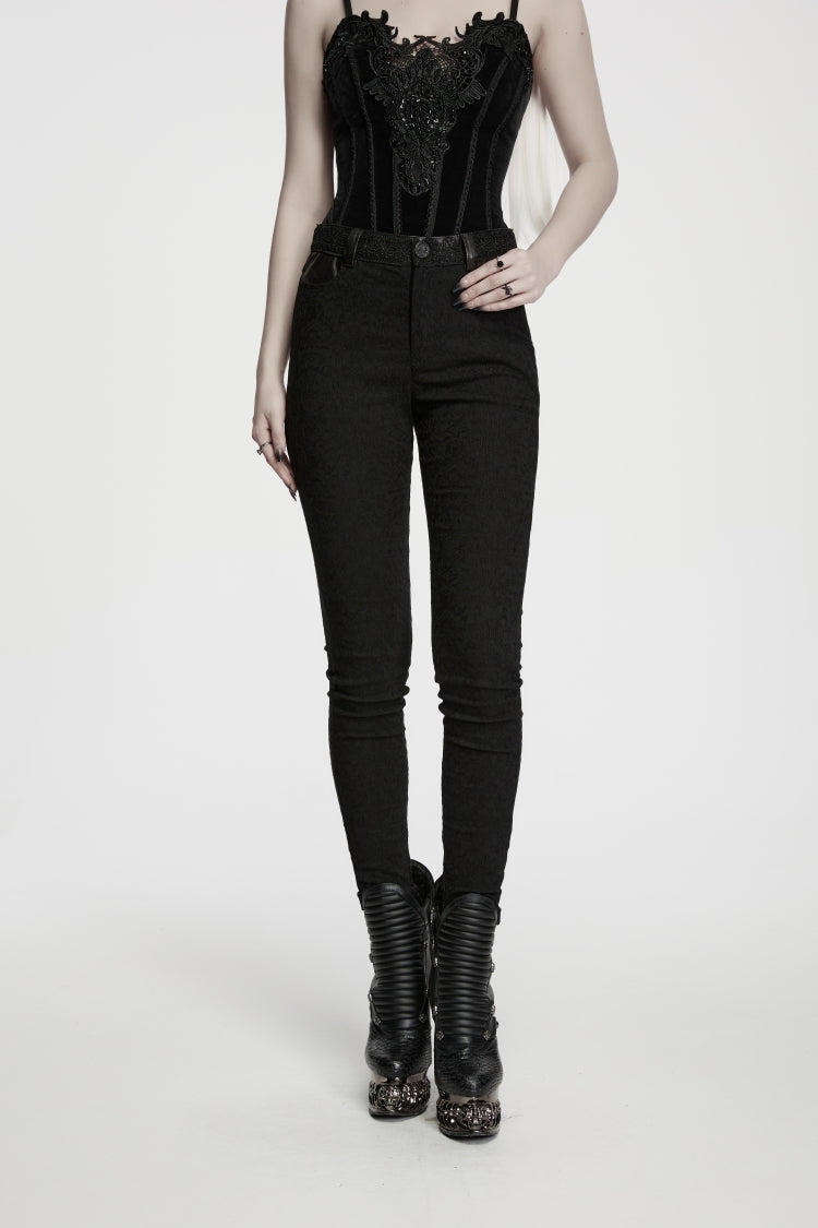 Black Jacquard Slim Fit Women's Gothic Cool Cosplay Pants - Product - 11