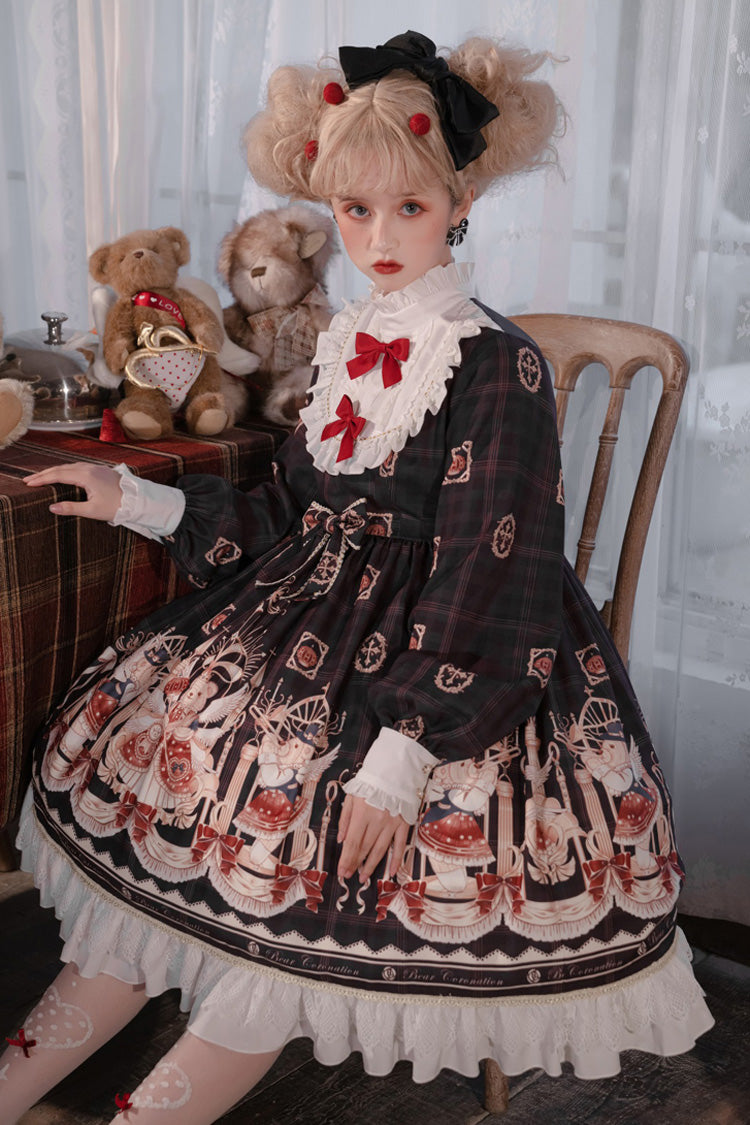 Doll Collar Lantern Long Sleeves Stitching Bear Paradise Print Ruffled Hanayome Sweet Lolita Op Dress - Product - 4