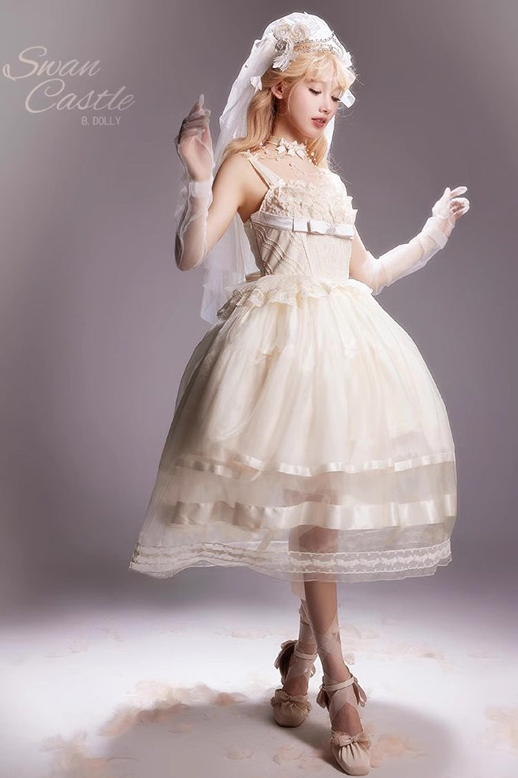 Ivory [Swan Castle] Ruffle Bowknot Lace Sweet Elegant Gorgeous Lolita Jsk Long Dress - Product - 5