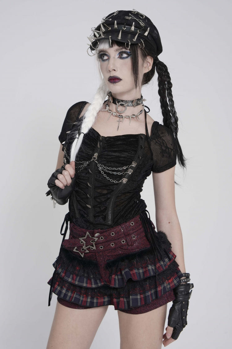 Black Short Sleeves Slim Studded Pleated Chain-Decorated Women's Punk Cool Blouse - Product - 7