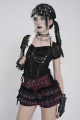 Black Short Sleeves Slim Studded Pleated Chain-Decorated Women's Punk Cool Blouse - Product - 7