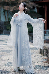 Fairy-Like Ancient Chinese Inspired Long Sleeves Embroidered Casual Hanfu Dress Set 3 Colors - Grey - 6