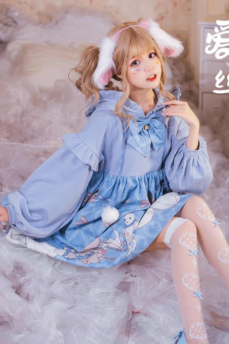 Blue Lantern Long Sleeves Alice Rabbit Print Hooded Cute Sweet Lolita OP Dress - Product - 4