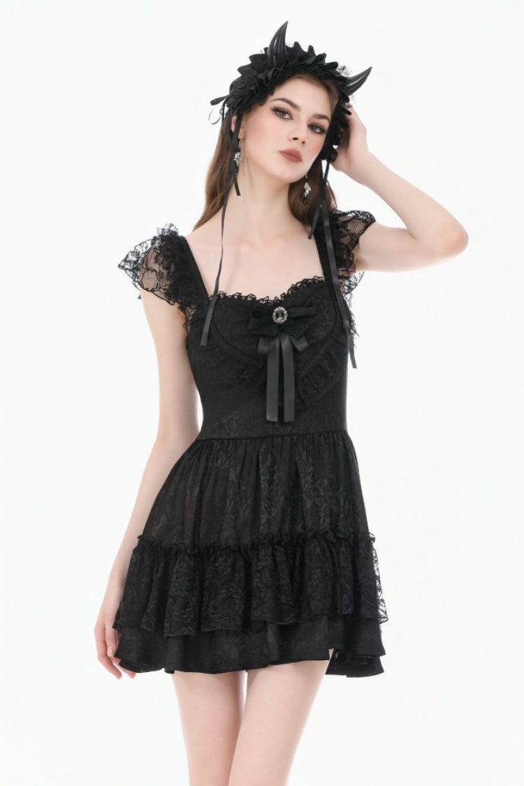 Black Flutter Sleeves Jacquard Bowknot Lace Ruffled Lace-Up Women's Gothic Cake Mini Dress - Product - 6