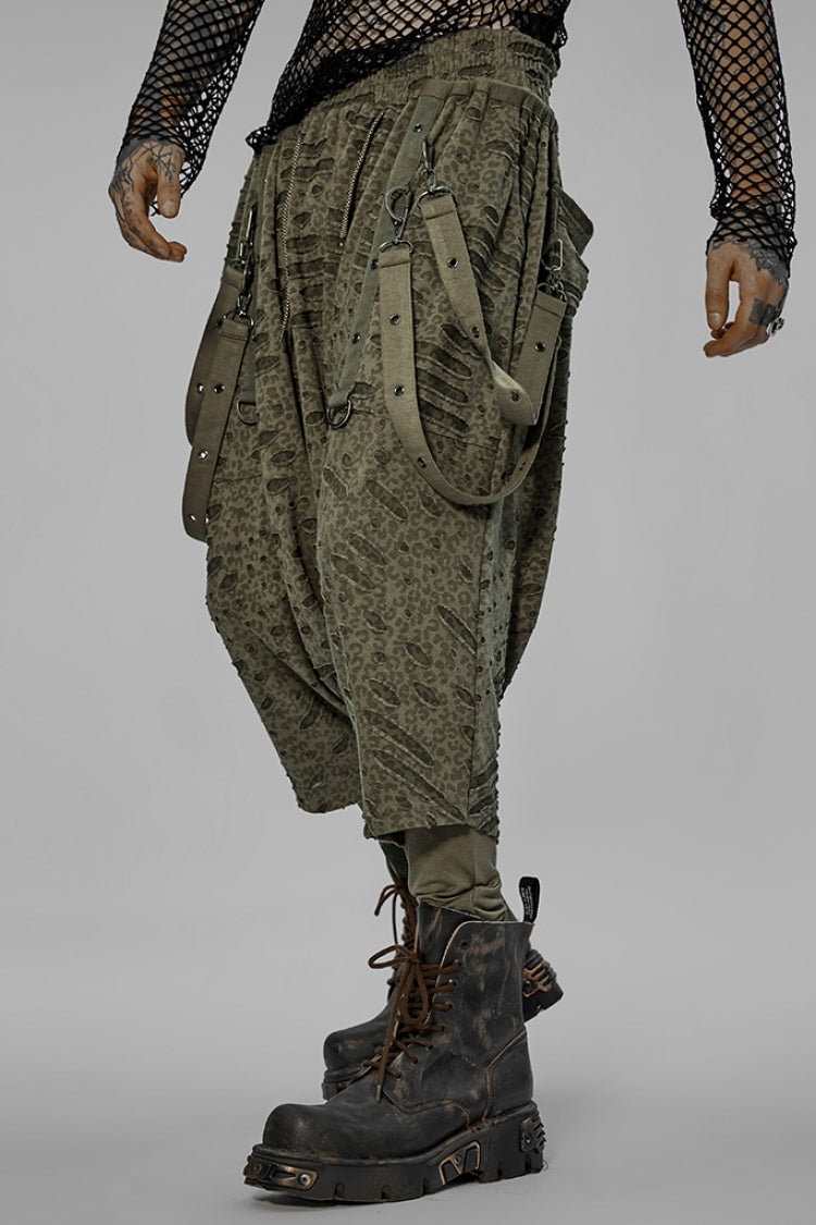 Green Ripped Men's Punk Sagging Pants with Straps - Product - 2
