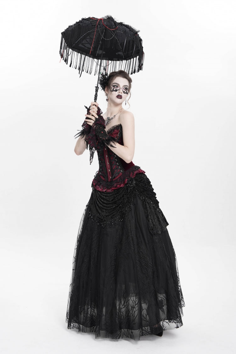 Black Floral Embroidered Beaded Women's Gothic Long Skirt - Product - 12