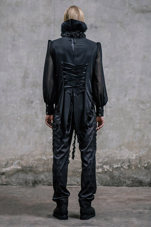 Black Side Discoid Flowers Back Waist Lace Up Gothic Jacquard Mens Pants - Product - 7
