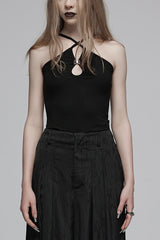 Black Halterneck Drop Hollow Women's Punk Vest - Black - 1