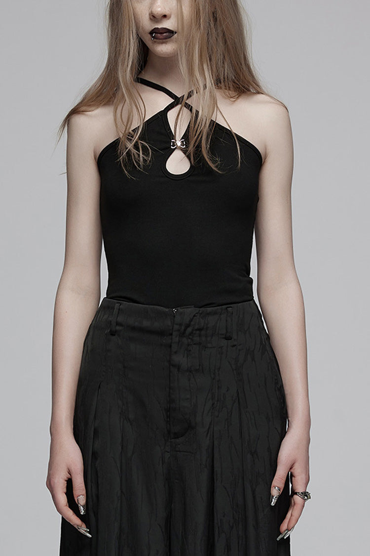 Black Halterneck Drop Hollow Women's Punk Vest - Black - 1