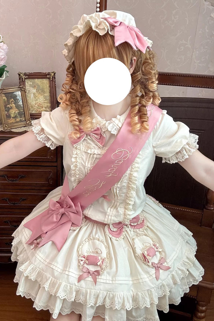 Apricot [Candy Paradise] Doll Collar Short Sleeves Double-Layered Ruffled Bow Sweet Lolita OP Dress - Product - 4