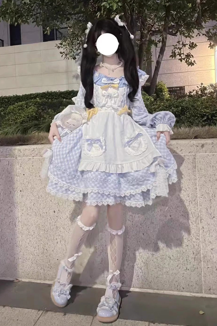 Blue Plaid Print Long Sleeves Bowknot Lace Sweet Lolita Dress - Product - 8
