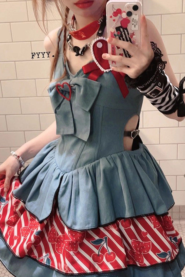 Blue [Cherry] Sleeveless Triple-Layered Print Ruffle Bowknot Denim Sweet Japanese Vintage Lolita Jsk Dress - Product - 7