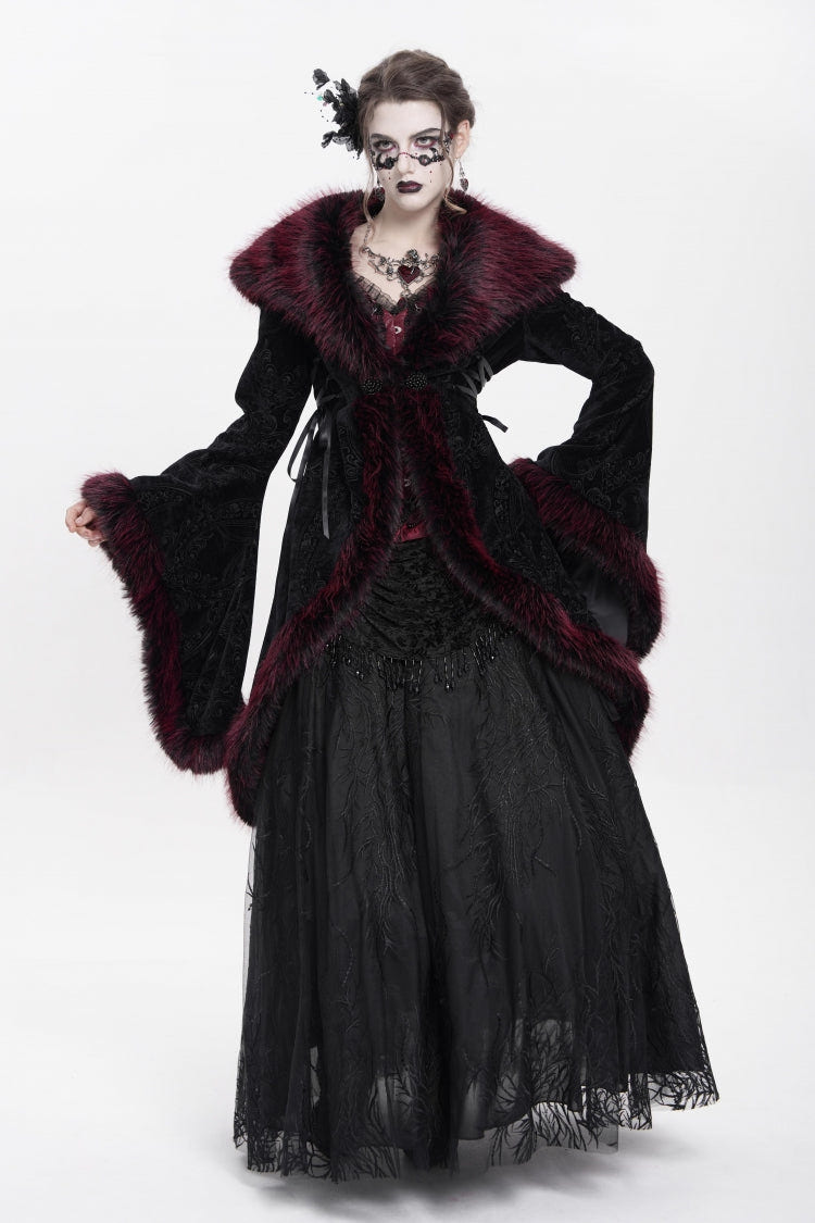 Red Long Sleeves Floral Embroidery Women's Gothic Fluffy Coat - Product - 10