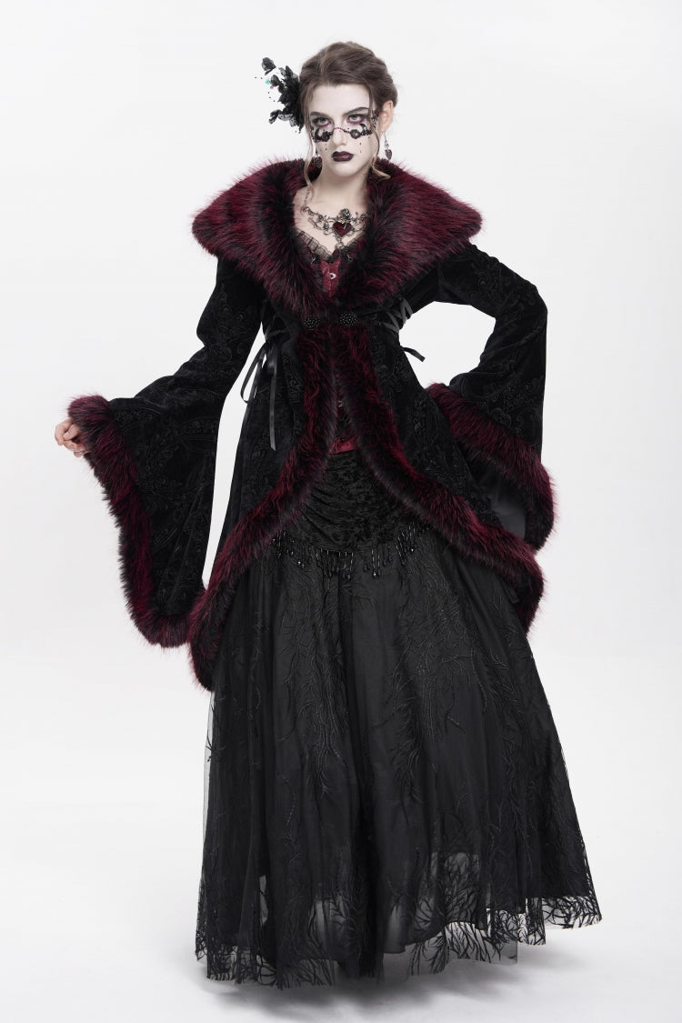 Red Long Sleeves Floral Embroidery Women's Gothic Fluffy Coat - Product - 10