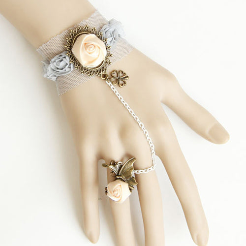 Grey Retro Fashion Lace White Rose Flower Female Lolita Ring Bracelet - Grey - 1