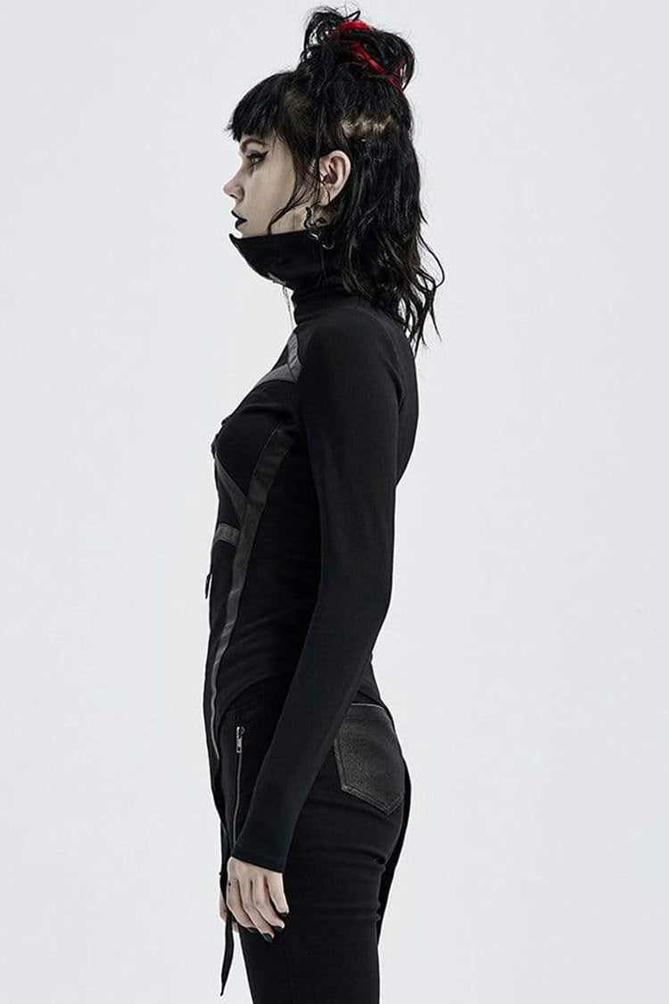 Black High Collar Long Sleeve Front Metal Ring Woven Tape Decoration Irregular Hem Women's Punk T-Shirt - Product - 2