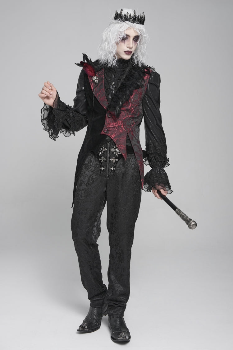 Black Long Sleeves Rose Print Irregular Contrast Color Men's Gothic Vest with Detachable Feather Accessory - Product - 7