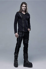 Black Long Sleeve Knit Front Splice Imitation Leather Lace Up Men's Punk T-Shirt - Product - 4