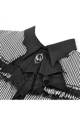 Black/White Pinstripe Short Puff Sleeves Lace-Up Women's Preppy Style Swallow-tailed Blouse with Detachable Tie - Product - 12