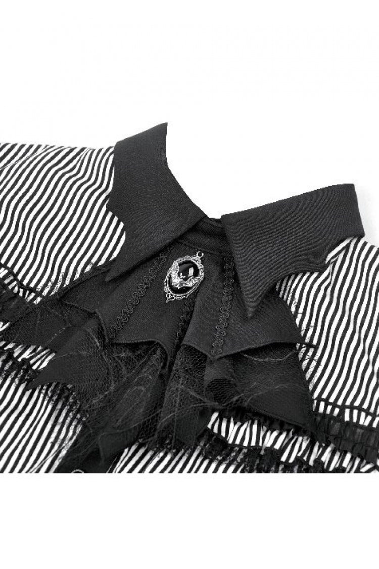 Black/White Pinstripe Short Puff Sleeves Lace-Up Women's Preppy Style Swallow-tailed Blouse with Detachable Tie - Product - 12