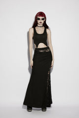 Black Cut-Out Rose Lace Splice Side Slit Asymmetric Women's Gothic Skirt - Product - 5