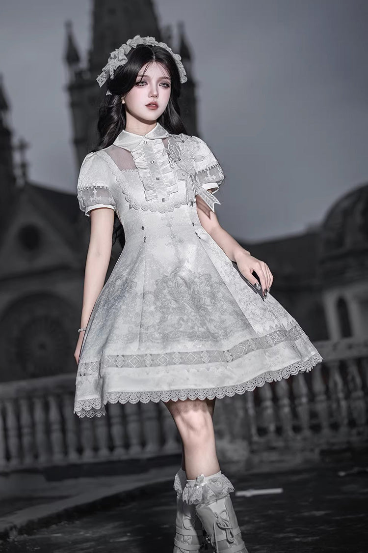 White Lapel Collar Short Sleeves Printed Ruffled Lace Classic Gothic Elegant Lolita Dress - Product - 7