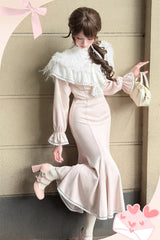 Pink [Little Love Song] Stand Collar Off Shoulder Long Sleeves Lace Sweet Japanese Elegant Lolita Mermaid Long Dress - Product - 2