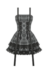 Grey Sleeveless Layered Lace Hem Plaid Women's Punk Party Slip Dress Graduation Dress - Product - 3