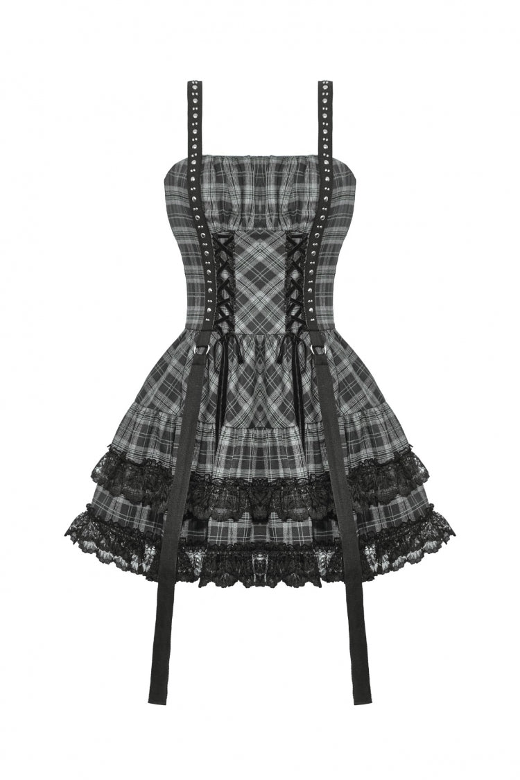 Grey Sleeveless Layered Lace Hem Plaid Women's Punk Party Slip Dress Graduation Dress - Product - 3