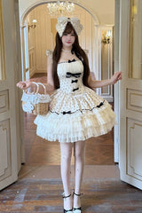 White [Polka Dot Waltz] Square Collar Flutter Sleeves Triple-Layered Printed Ruffled Bow Sweet Lolita Jsk Dress - Product - 4