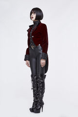 Red/Black Jacquard Lapel Embroidered Metal Nail Velveteen Swallowtail Women's Gothic Coat - Product - 3