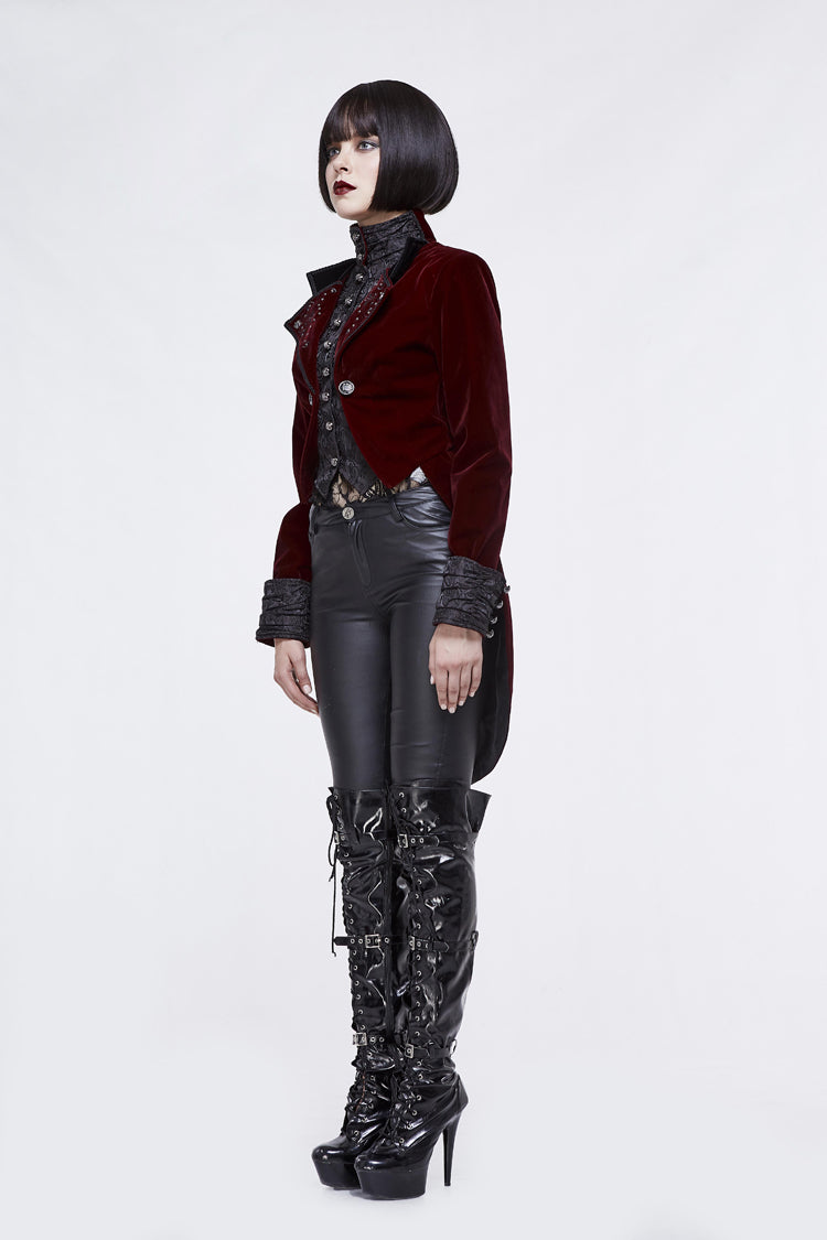 Red/Black Jacquard Lapel Embroidered Metal Nail Velveteen Swallowtail Women's Gothic Coat - Product - 3