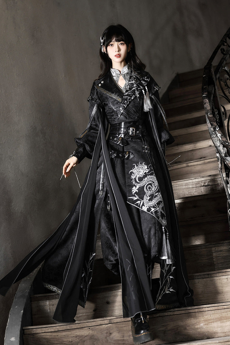 Black [Shadow Dragon Diving Into the Abyss] Long Sleeves Jacquard Embroidered Gothic Chinese Inspired Hanfu Ouji Lolita Set - Product - 7