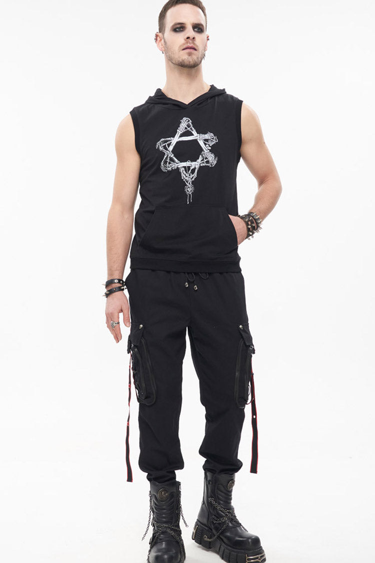Black Punk Multi Pocket Webbing Decorative Drawstring Men's Long Pants - Product - 5