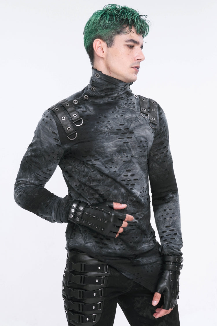 Black Studded Buckled Men's Punk Accessory Faux Leather Half-finger Gloves - Product - 6
