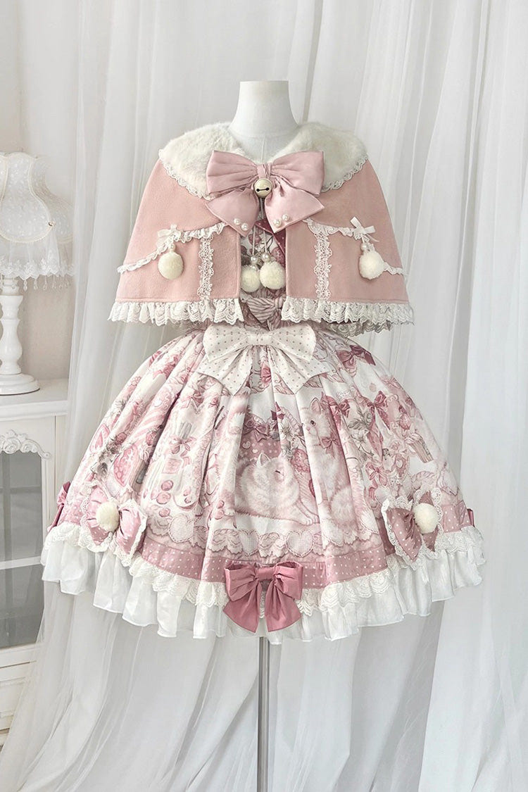 Pink [Cat Dessert House] Print Ruffle Bowknot Sweet Lolita Jsk Dress Set - Product - 3
