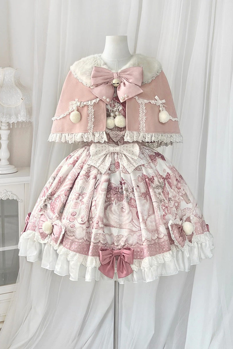 Pink [Cat Dessert House] Print Ruffle Bowknot Sweet Lolita Jsk Dress Set - Product - 3