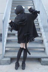 Black Long Sleeves Cat Ears and Tail  Ruffle Bowknot Hooded Gothic Jirai Kei Coat - Product - 3