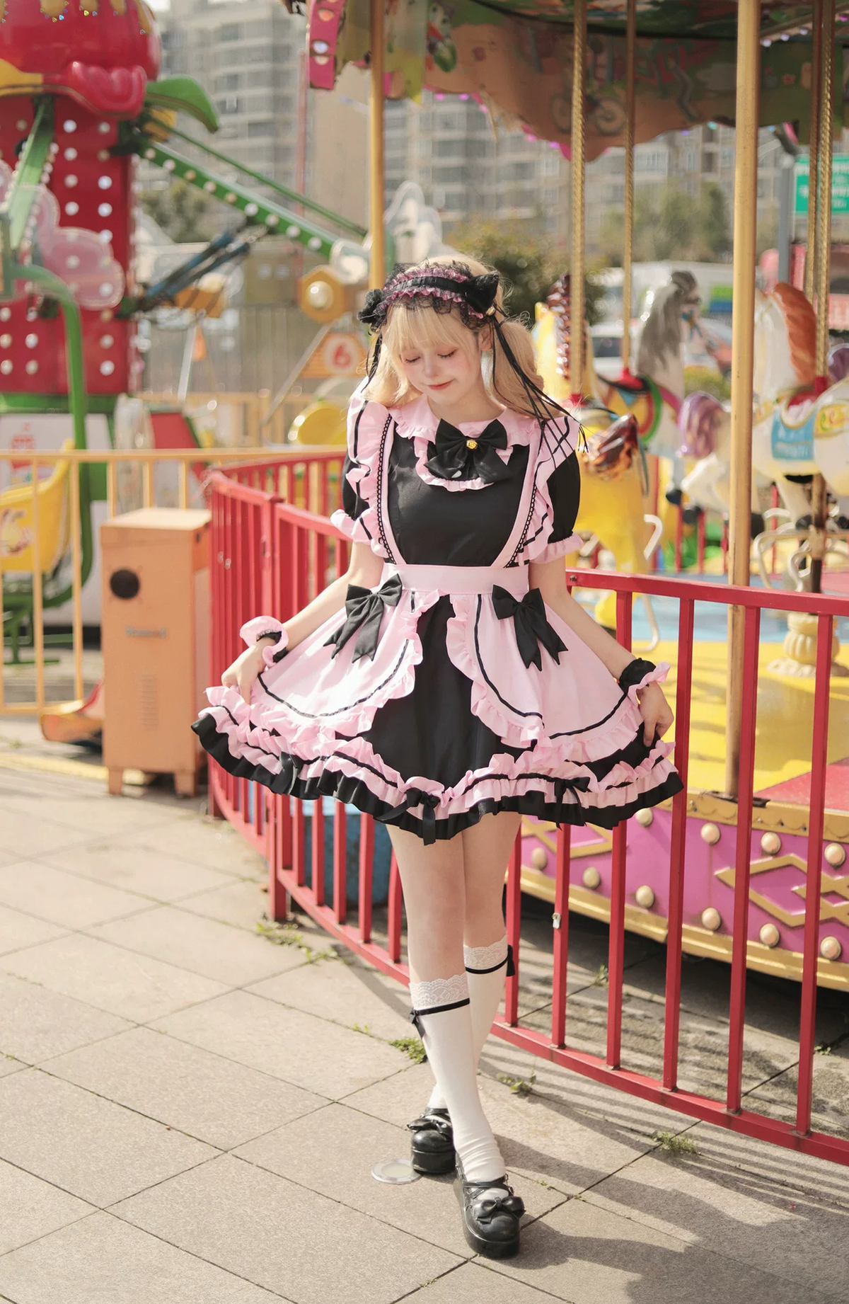 Black and Pink Ruffled Maid Style Dress with Headpiece Accent - view 4