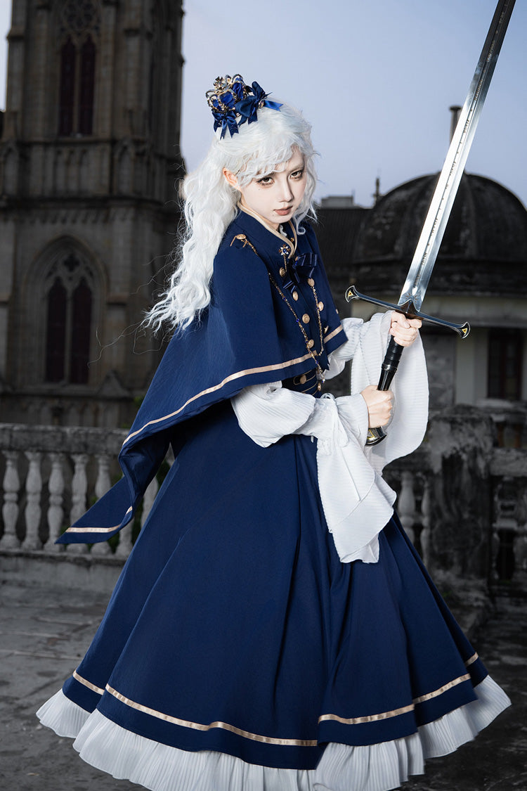 Blue [Eternal Crown] Stand Collar Long Lantern Sleeves Ruffled Color-Blocked Faux Two-Piece Classic Royal Lolita Dress 2 Versions - Product - 21