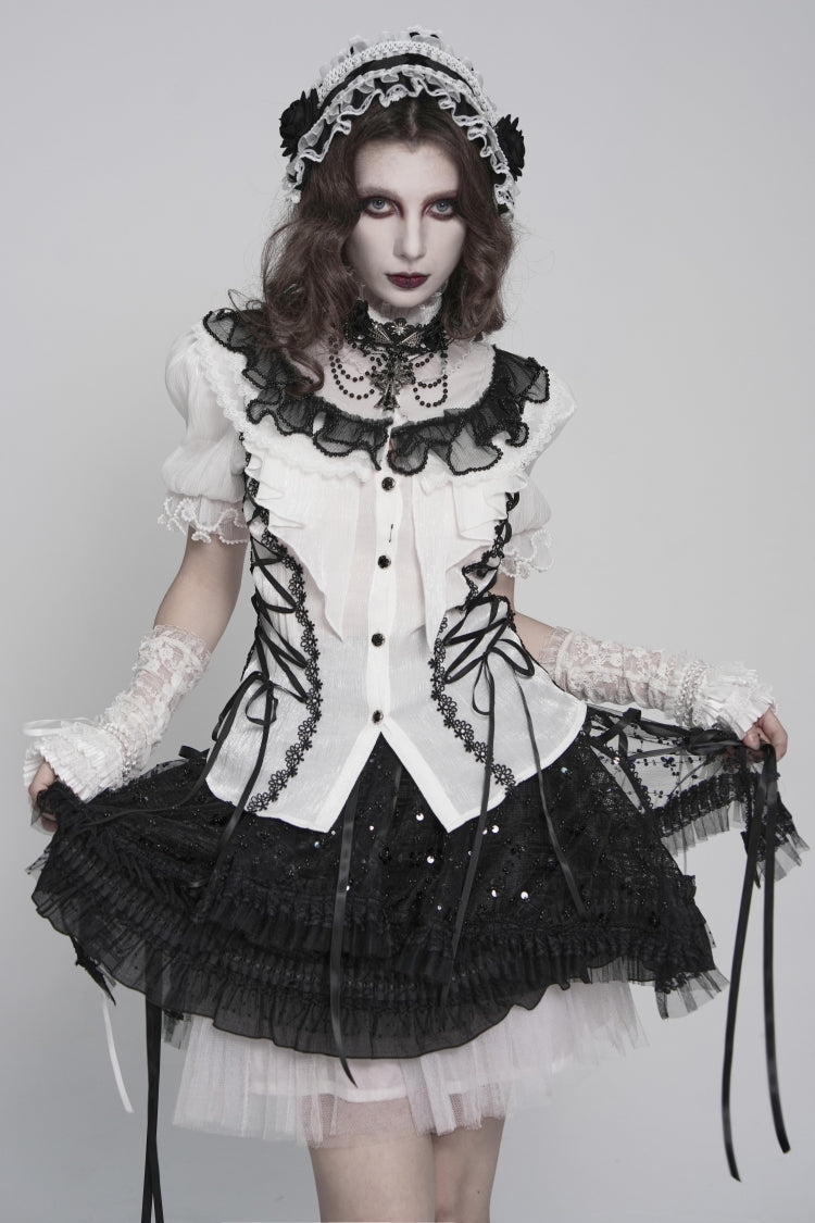 Black/White Stand Collar Short Sleeves Embroidered Lace Lace-Up Slim Pleated Women's Gothic Palace Blouse - Product - 5